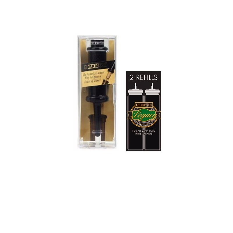 Cork Pops Original Wine Bottle Opener, 6.5 Inch â€“ Made in USA, Effortless Push-Button Cork Removal, Includes Cartridge (Opens Up to 60 Bottles) (Black, 3 Cartridges)